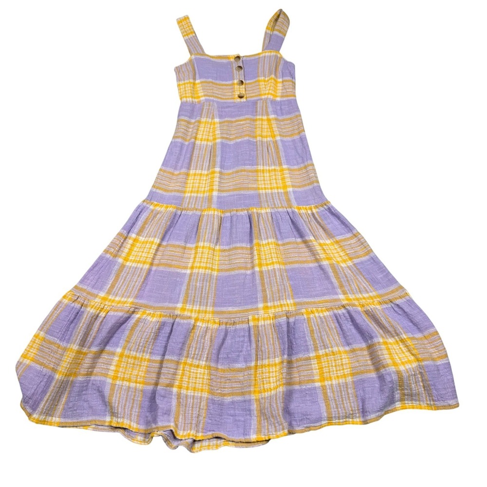 Urban Outfitters Purple Yellow Plaid Tiered Maxi Dress Sleeveless Boho Smocked S